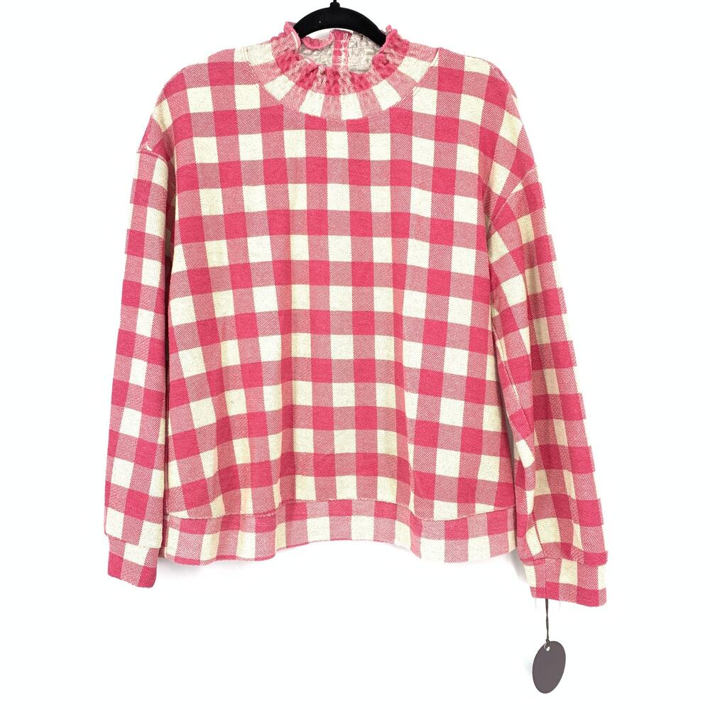 Anthropologie Eva Franco Alexis Gingham Top Womens Sz M Pink Cream High Neck NEW